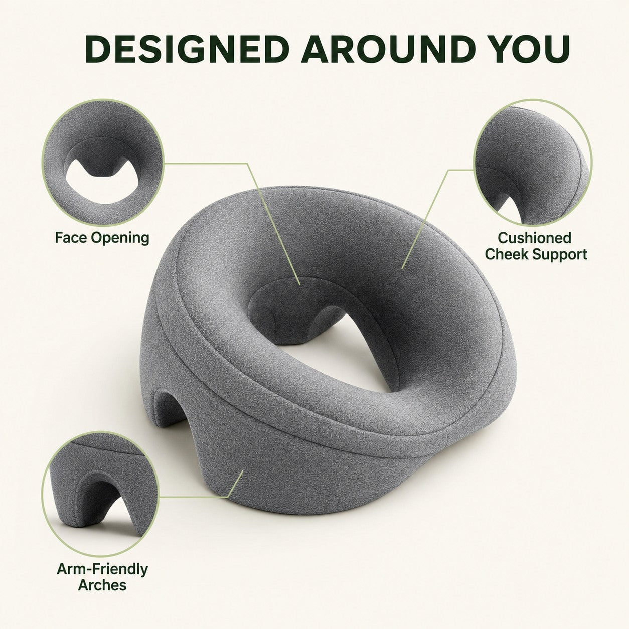 Ergonomic design with face opening, cheek support and arm arches