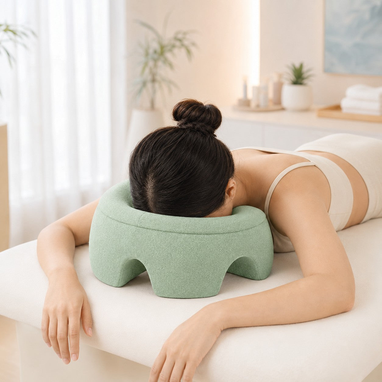 Woman resting face down on the green FaceRest pillow