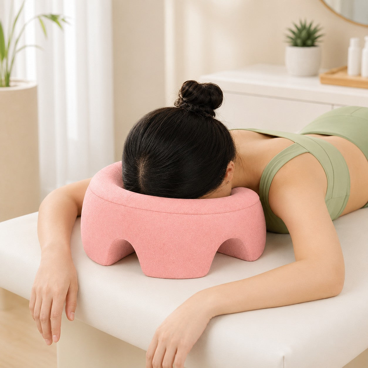 Woman resting face down on the pink FaceRest pillow