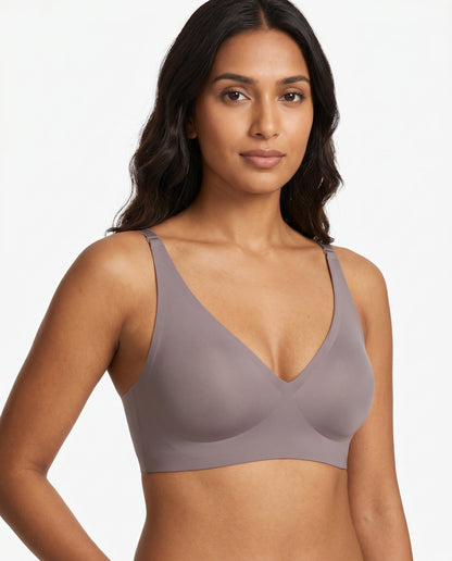 Faye Seamless Deep V Wireless Bralette Mauve Grey Front