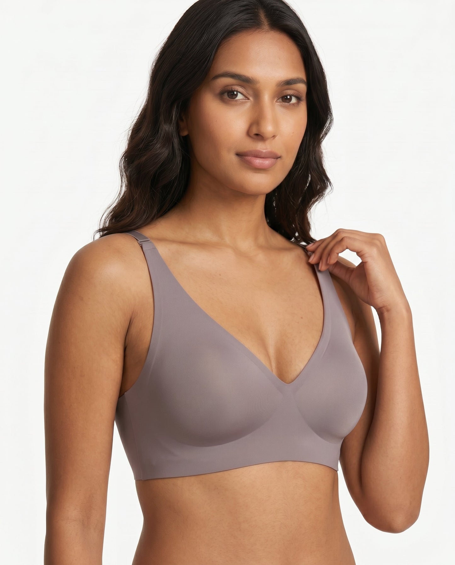 Faye Seamless Deep V Wireless Bralette Mauve Grey Three Quarter