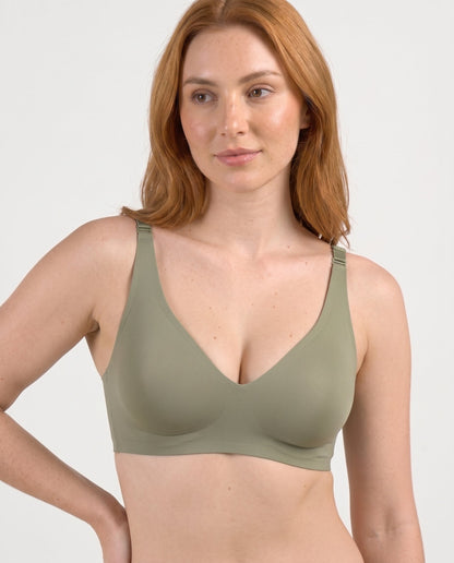 Faye Seamless Deep V Wireless Bralette Olive Front