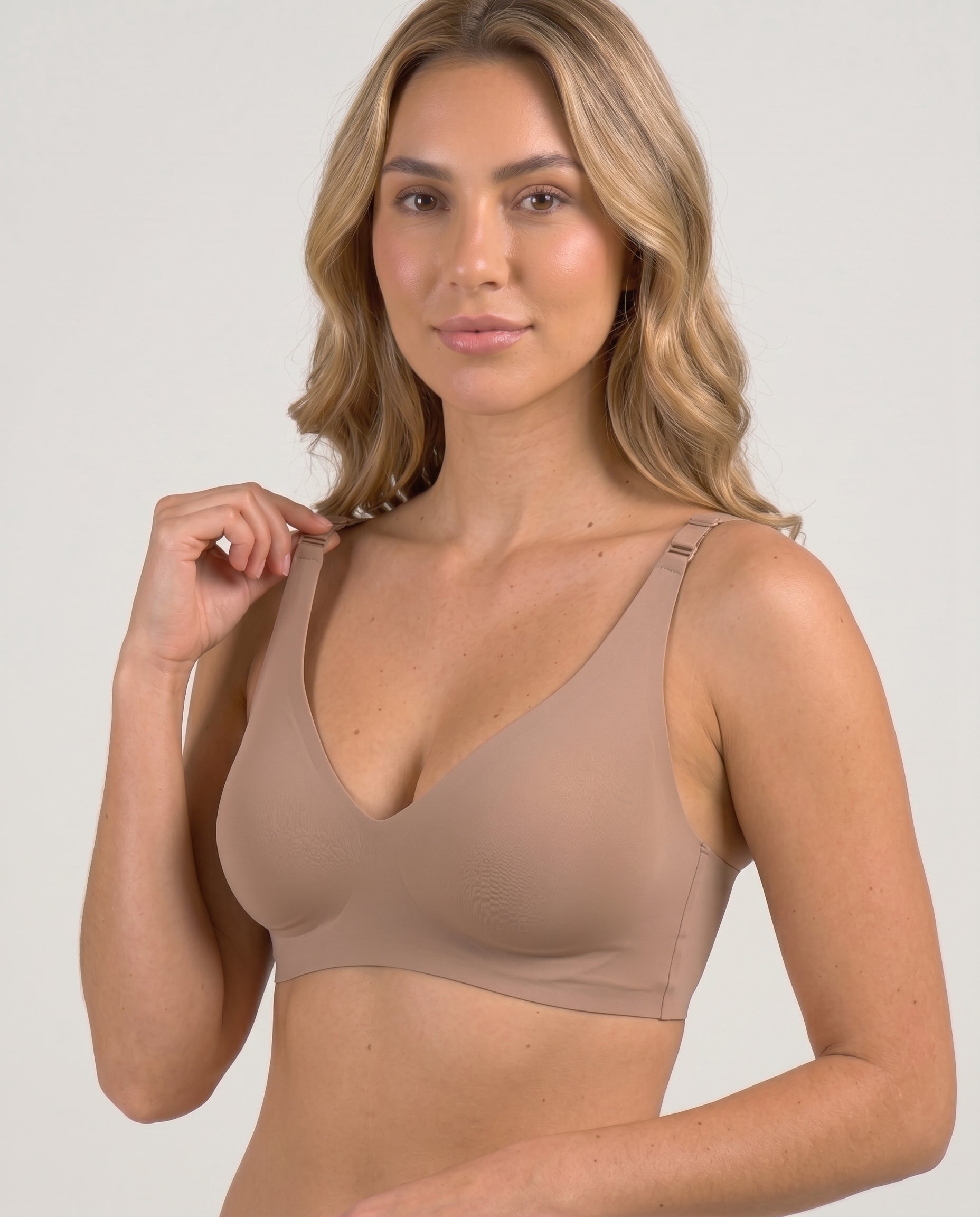 Faye Seamless Deep V Wireless Bralette Taupe Three Quarter