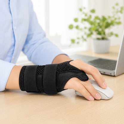 Wearing the black FlexWrist brace while working at a desk