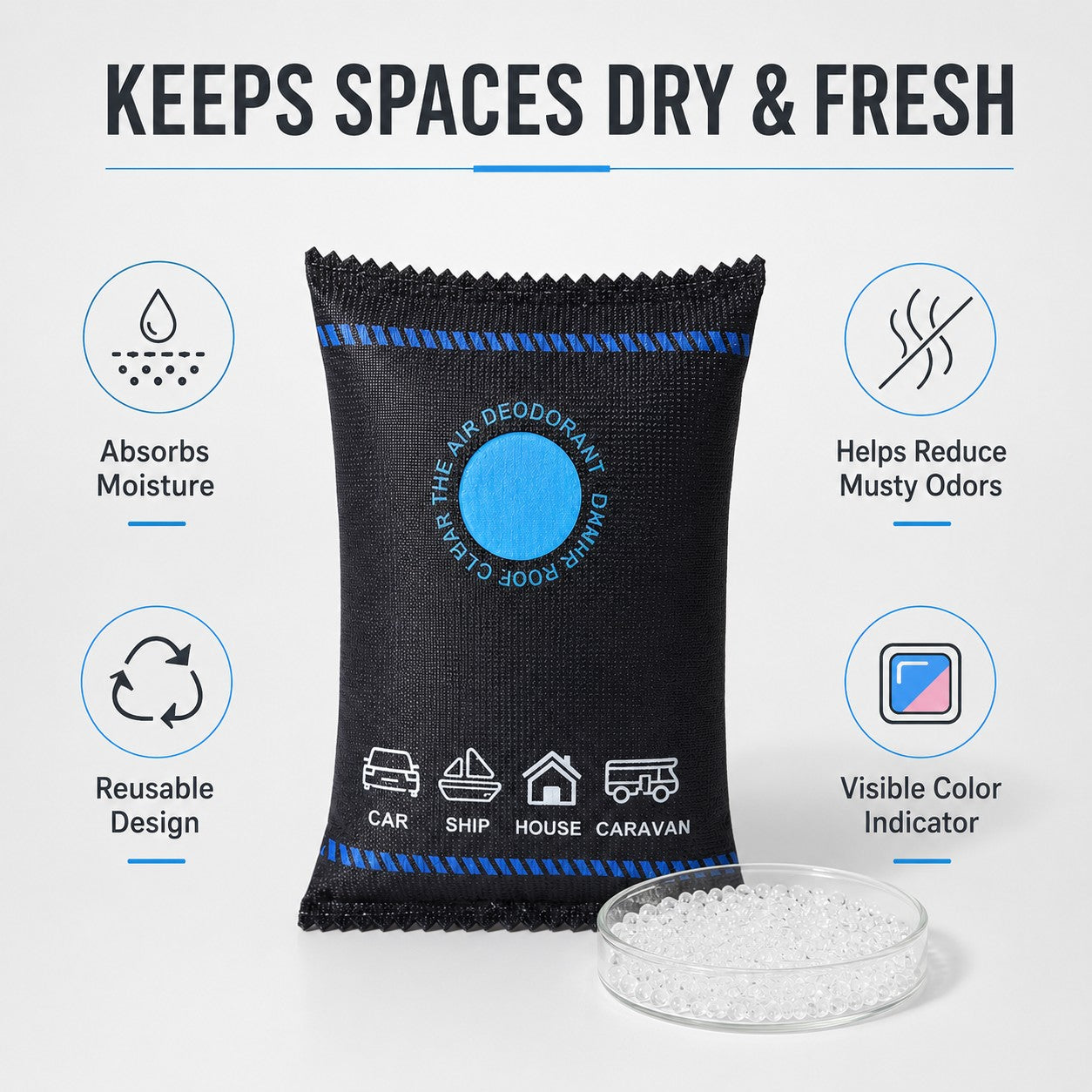Keeps spaces dry and fresh, reduces musty odours