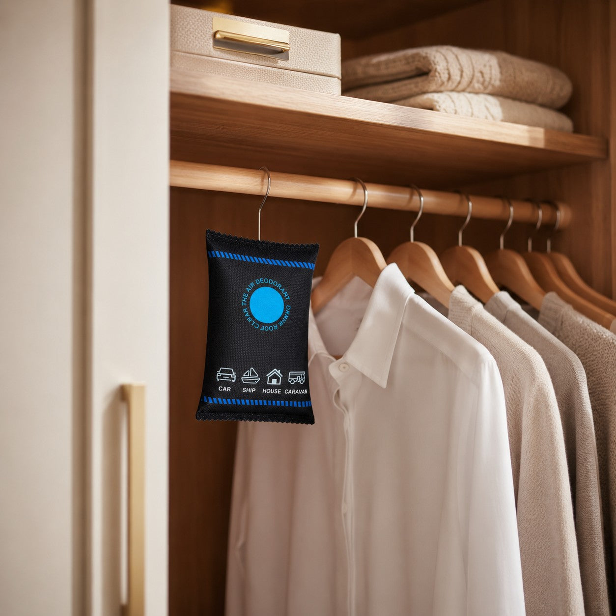 Hanging dehumidifier bag in wardrobe