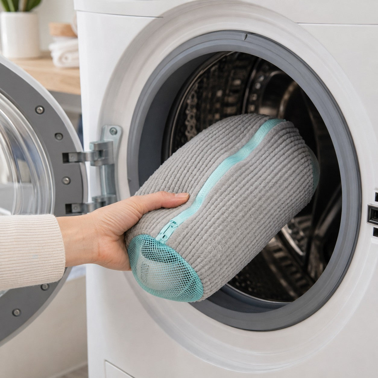 Placing the FreshSole shoe bag into the washing machine