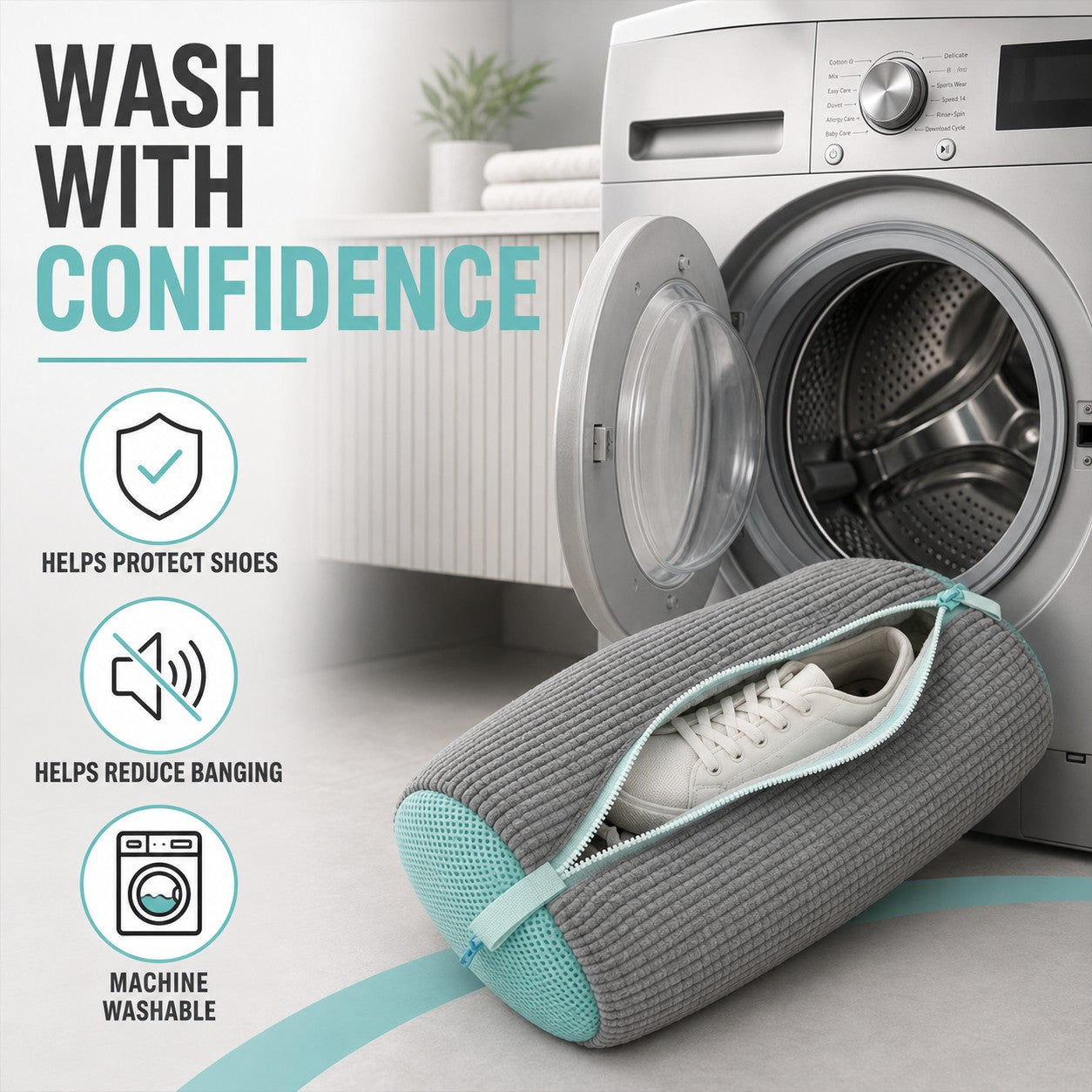 Wash with confidence - protects shoes, reduces banging, machine washable