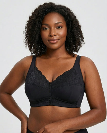 Freya Lace Front Closure Support Bra Black Front Close Detail