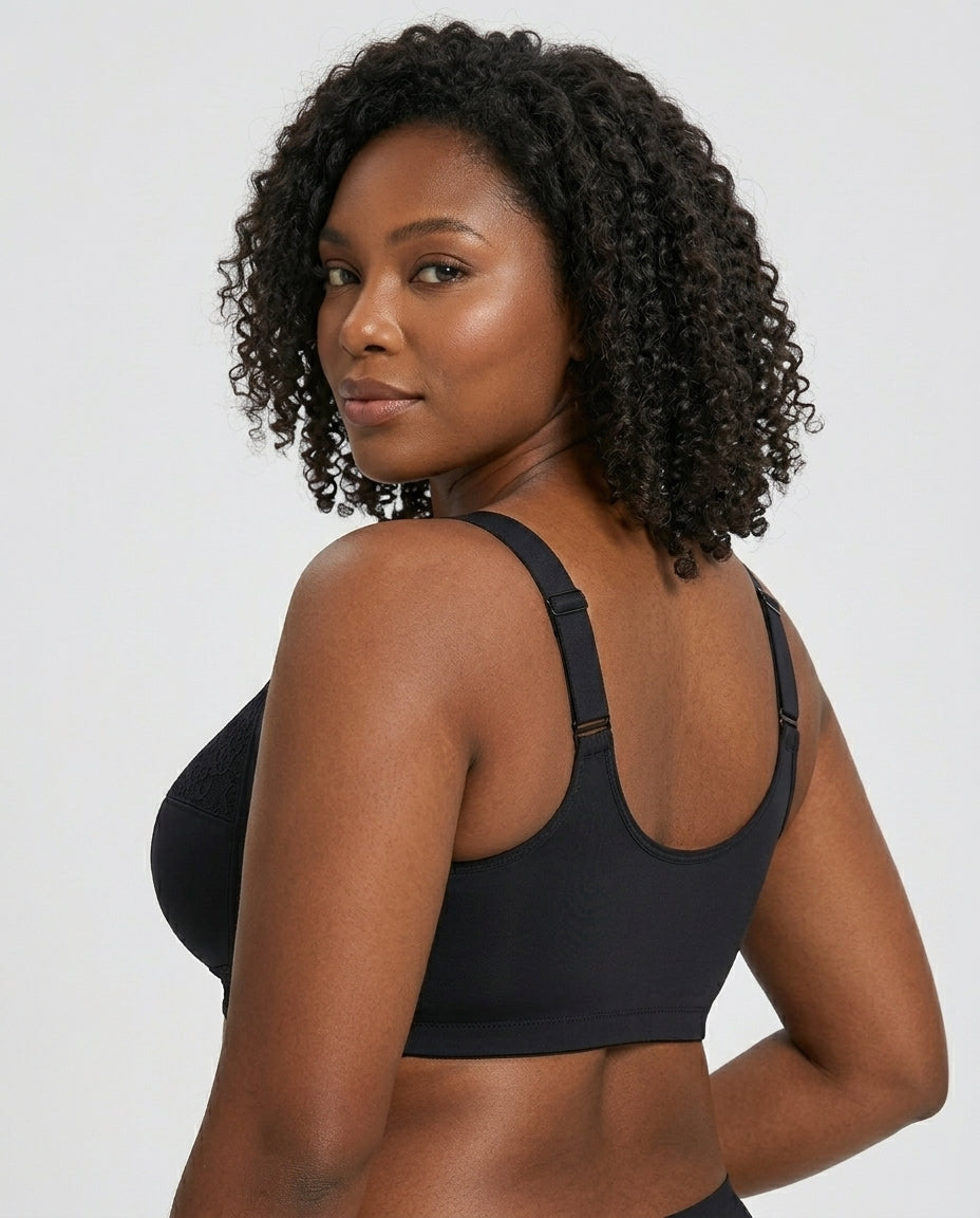 Freya Lace Front Closure Support Bra Black U Back Strap Detail