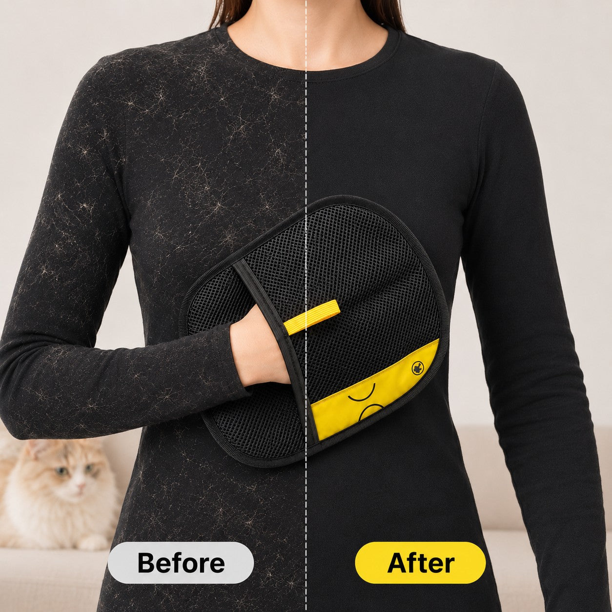 Before and after removing pet hair from clothes