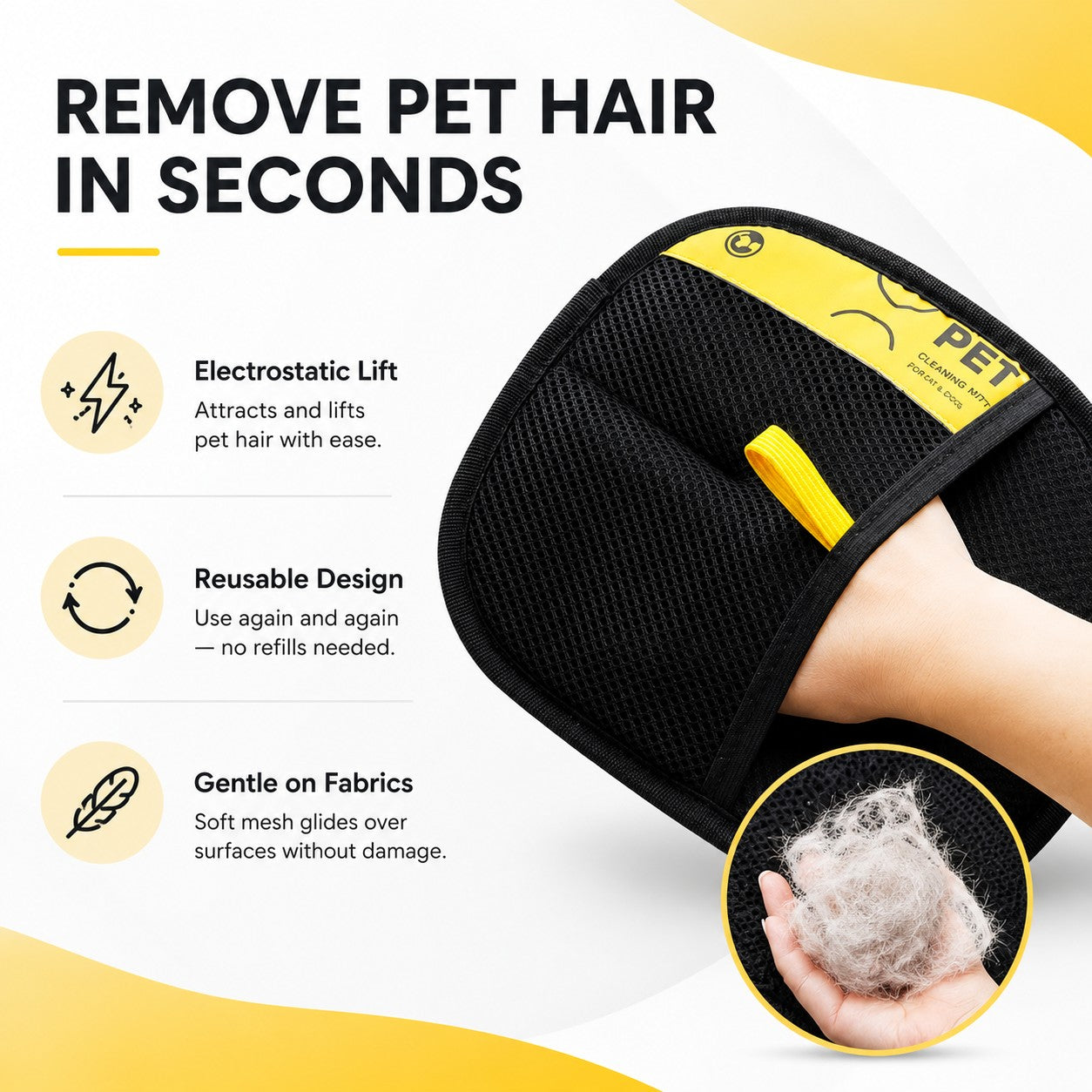 Remove pet hair in seconds, electrostatic lift, reusable