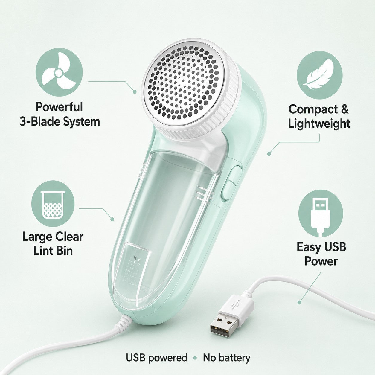 Powerful 3-blade system, large clear lint bin and easy USB power