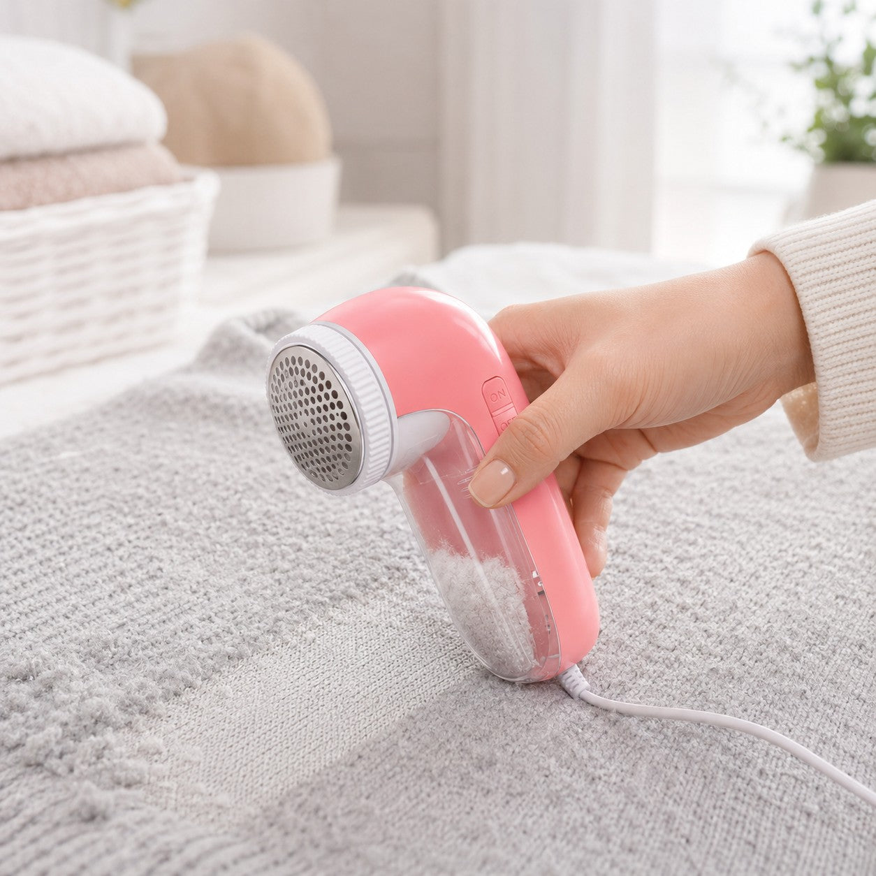 Shaving pilling off a sofa with the pink FuzzAway