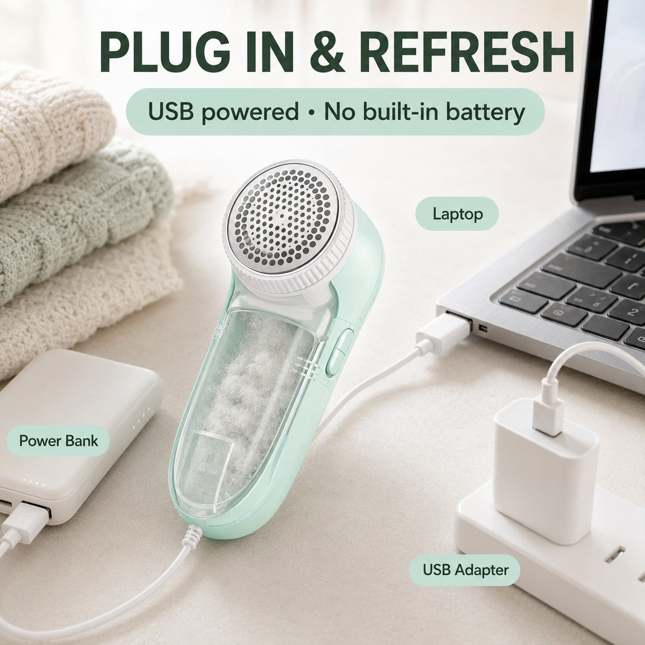USB powered - plug into a laptop, power bank or adapter
