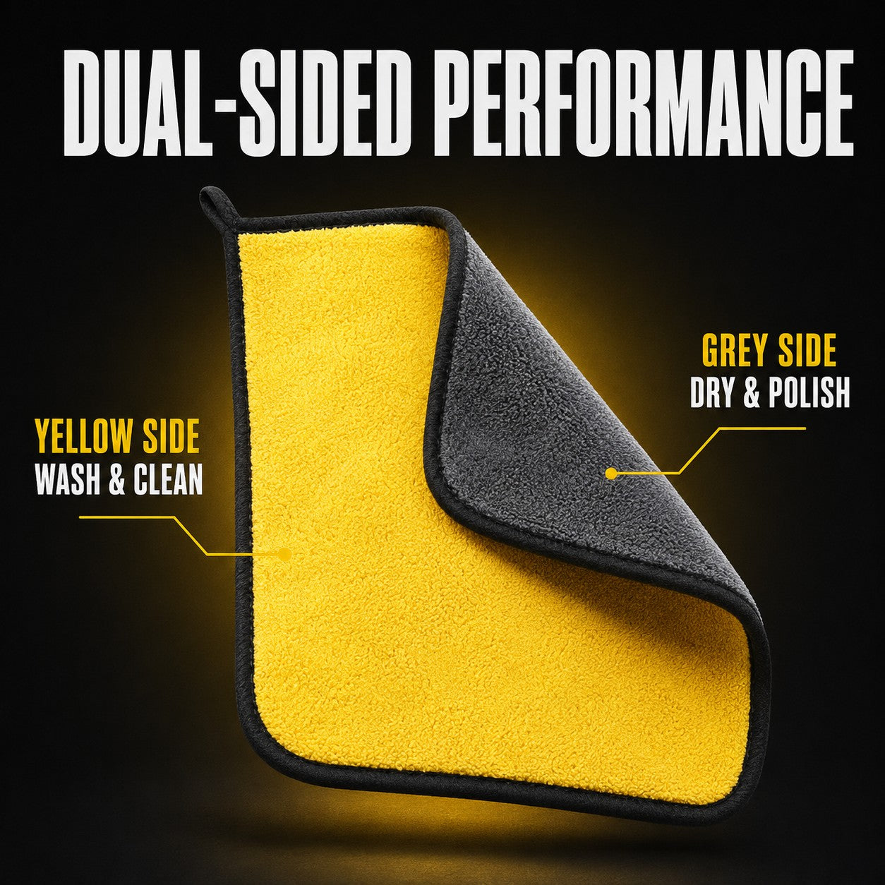 Dual-sided performance - yellow side to wash, grey side to dry and polish