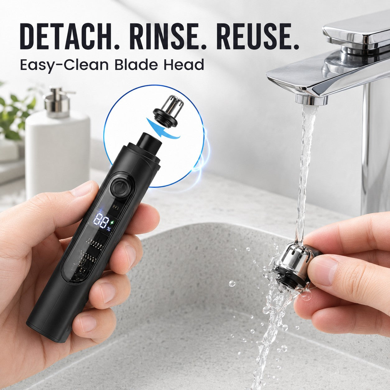 Detach rinse and reuse washable stainless steel head