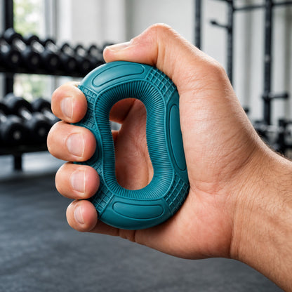 Close-up squeezing the blue GoodGrip silicone grip strengthener