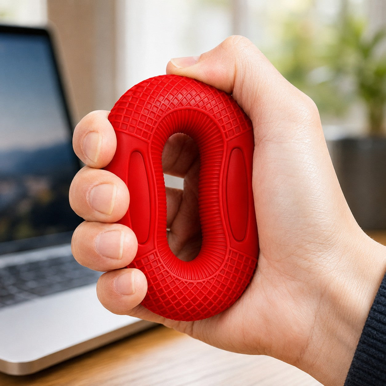 Close-up squeezing the red GoodGrip silicone grip strengthener