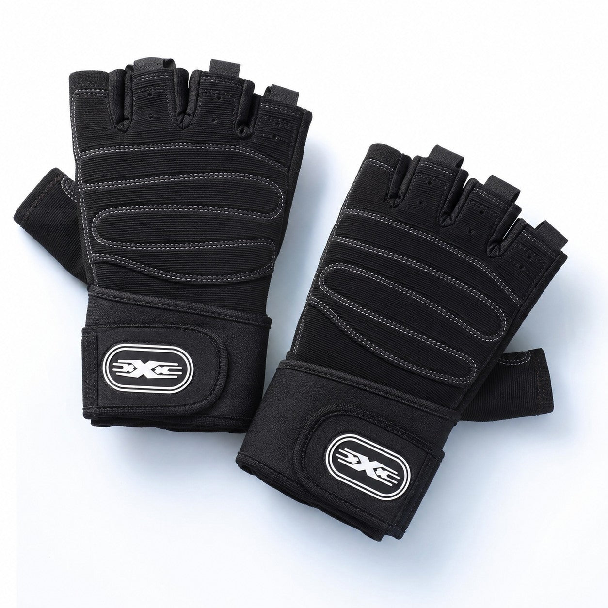 Pair of black GripFit gym gloves laid flat