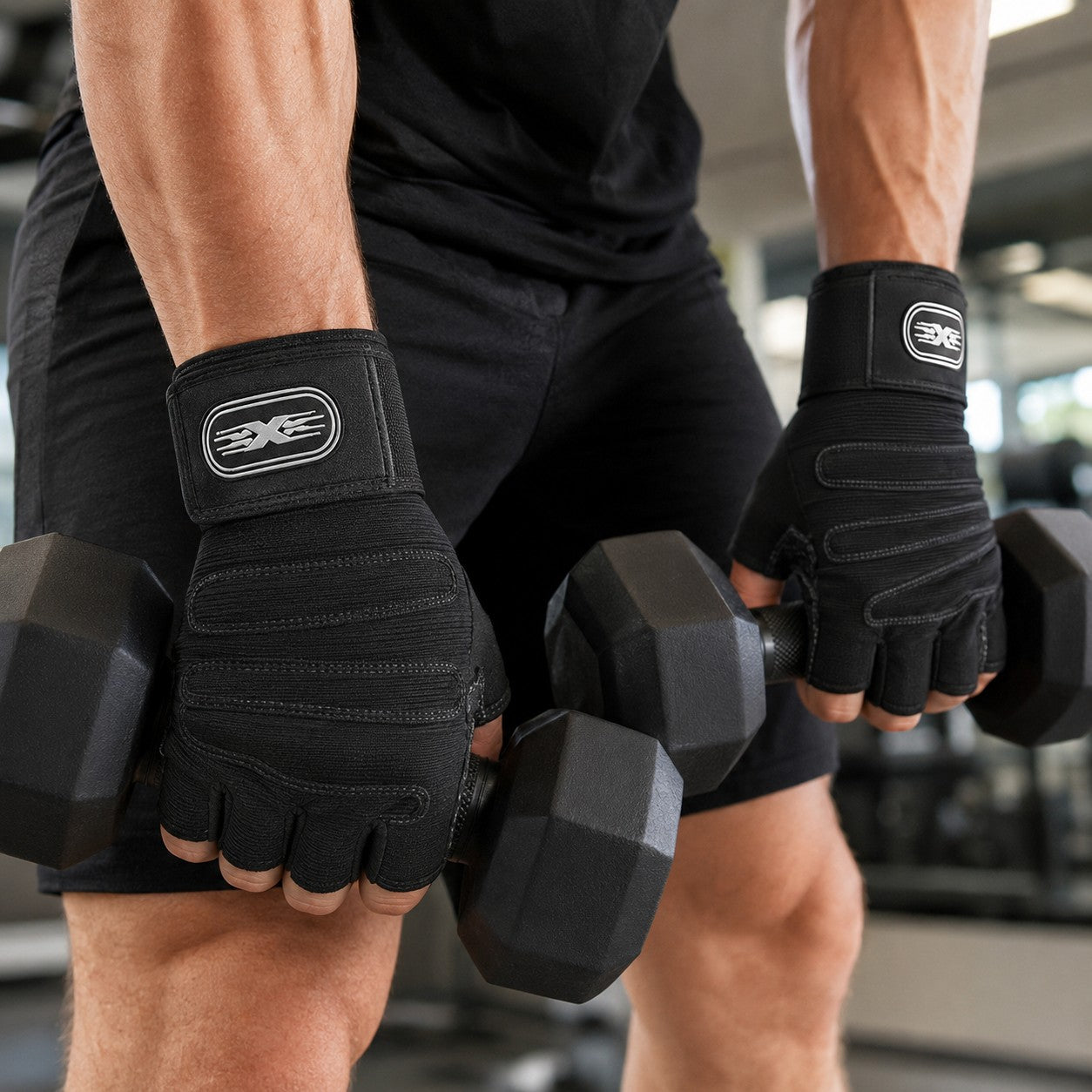 Training with dumbbells wearing the GripFit gym gloves