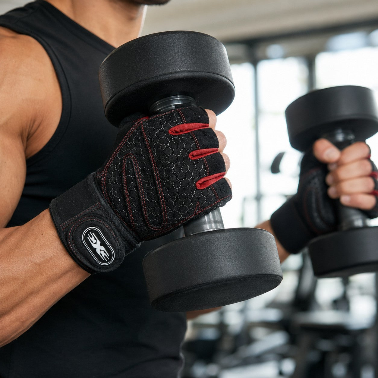 Curling a dumbbell wearing the red GripFit gloves