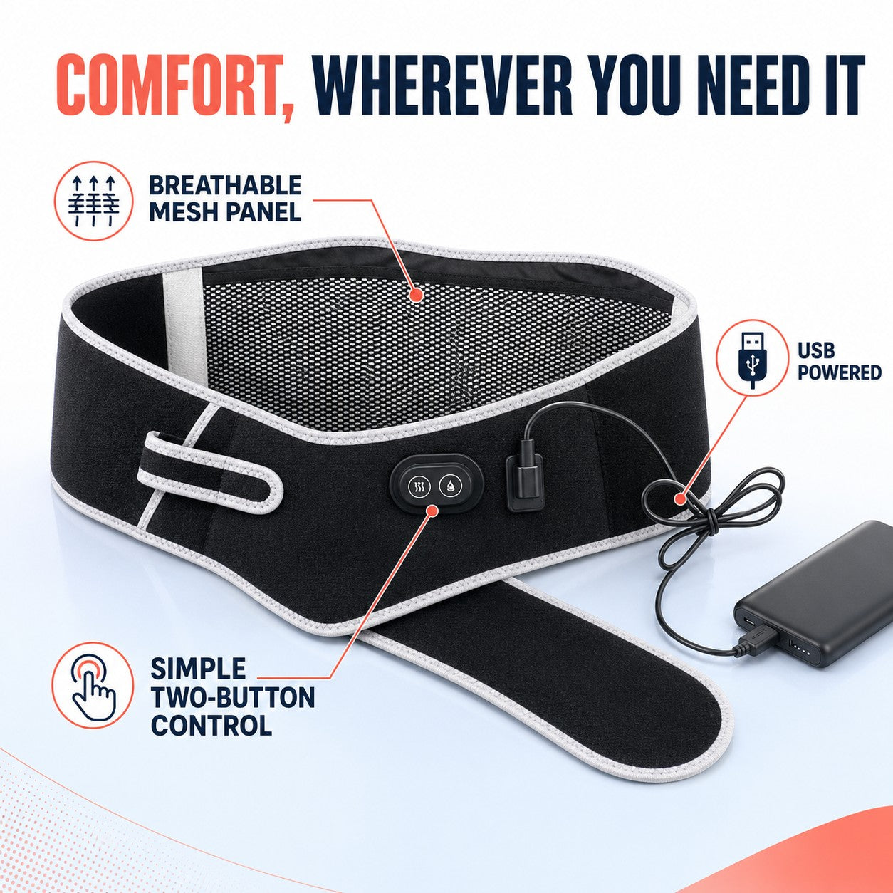 Breathable mesh panel, USB power and simple two-button control