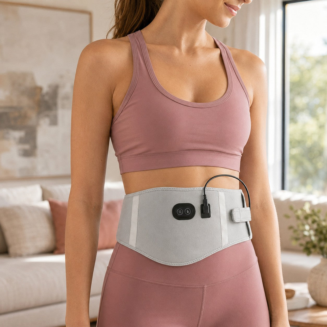 Woman wearing the grey HeatEase heated lumbar belt