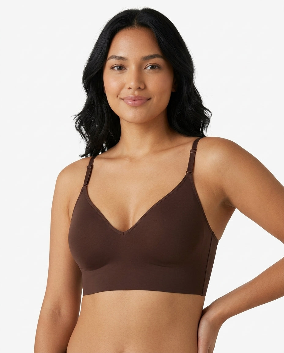 Ivy Deep V Thin Strap Bralette Chocolate Brown Hero Front Model