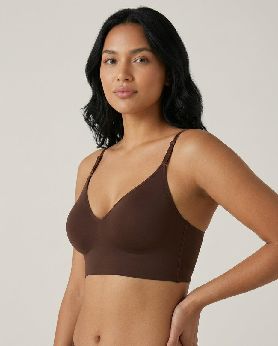 Ivy Deep V Thin Strap Bralette Chocolate Brown Side Front Adjustable Strap Detail
