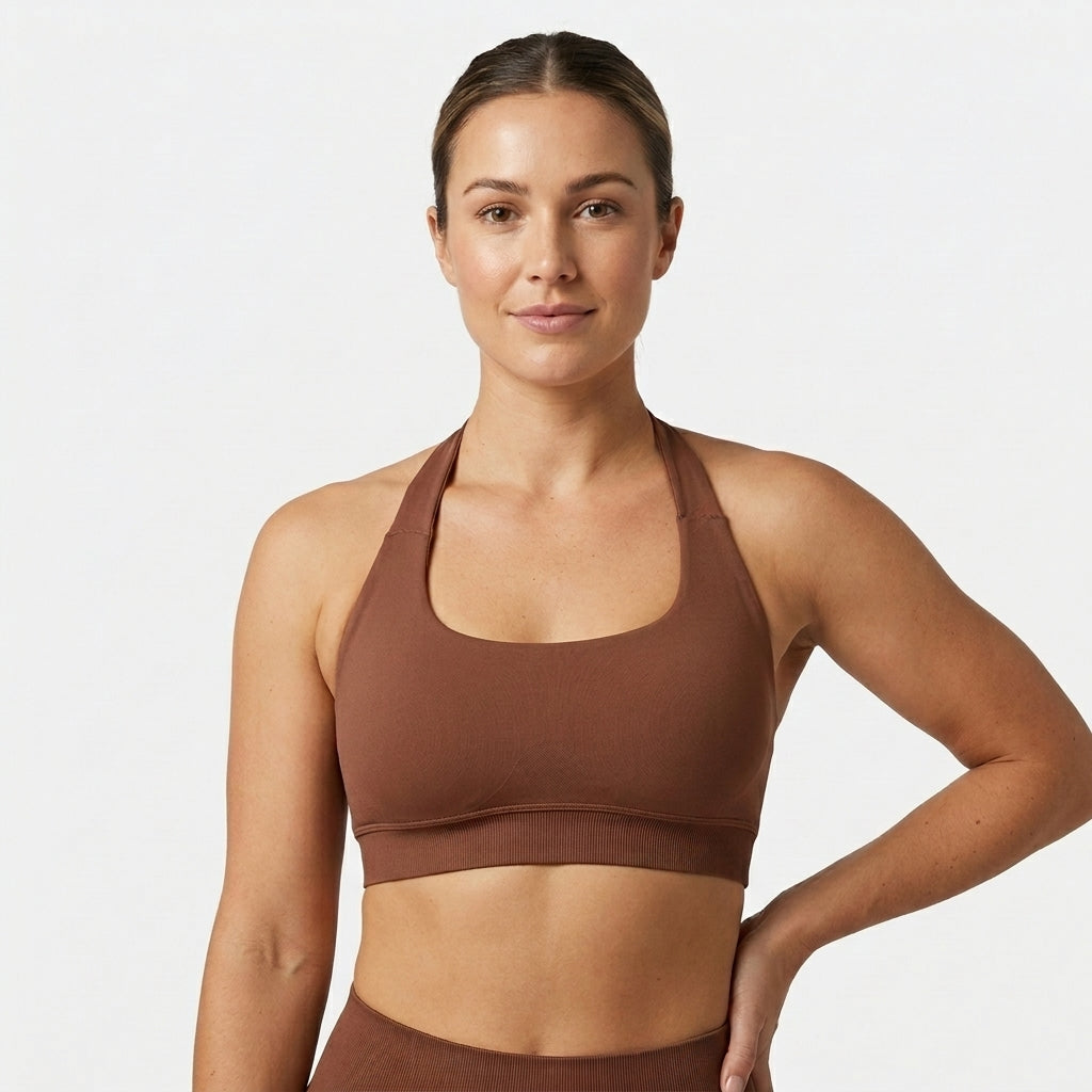Kaia Seamless Halter Neck Sports Bra Brown Front