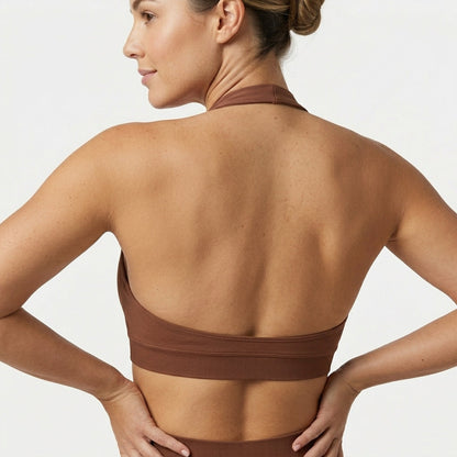 Kaia Seamless Halter Neck Sports Bra Brown Open Back