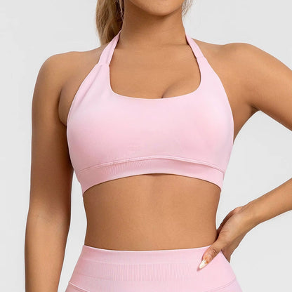 Kaia Seamless Halter Neck Sports Bra Pink Angled Front
