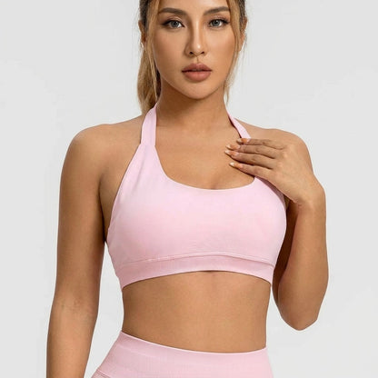 Kaia Seamless Halter Neck Sports Bra Pink Model Front