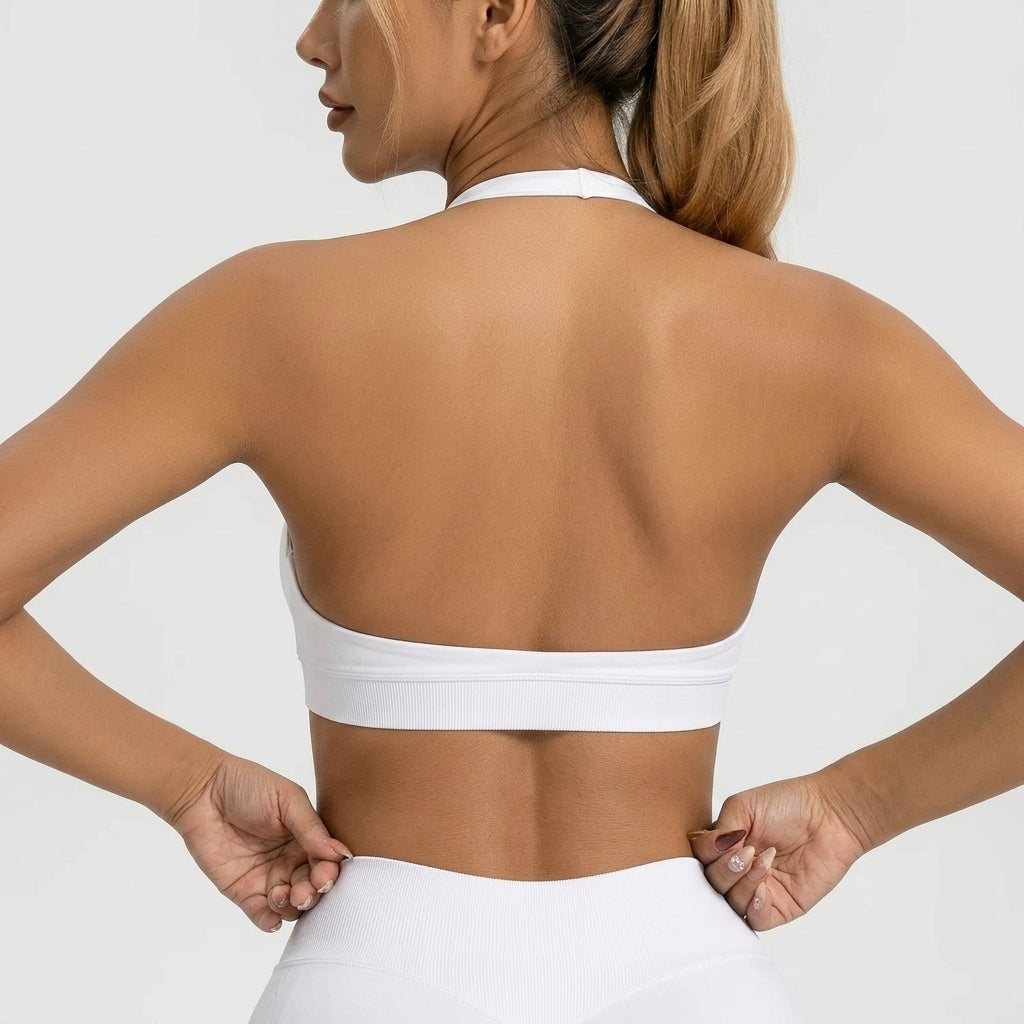 Kaia Seamless Halter Neck Sports Bra White Open Back