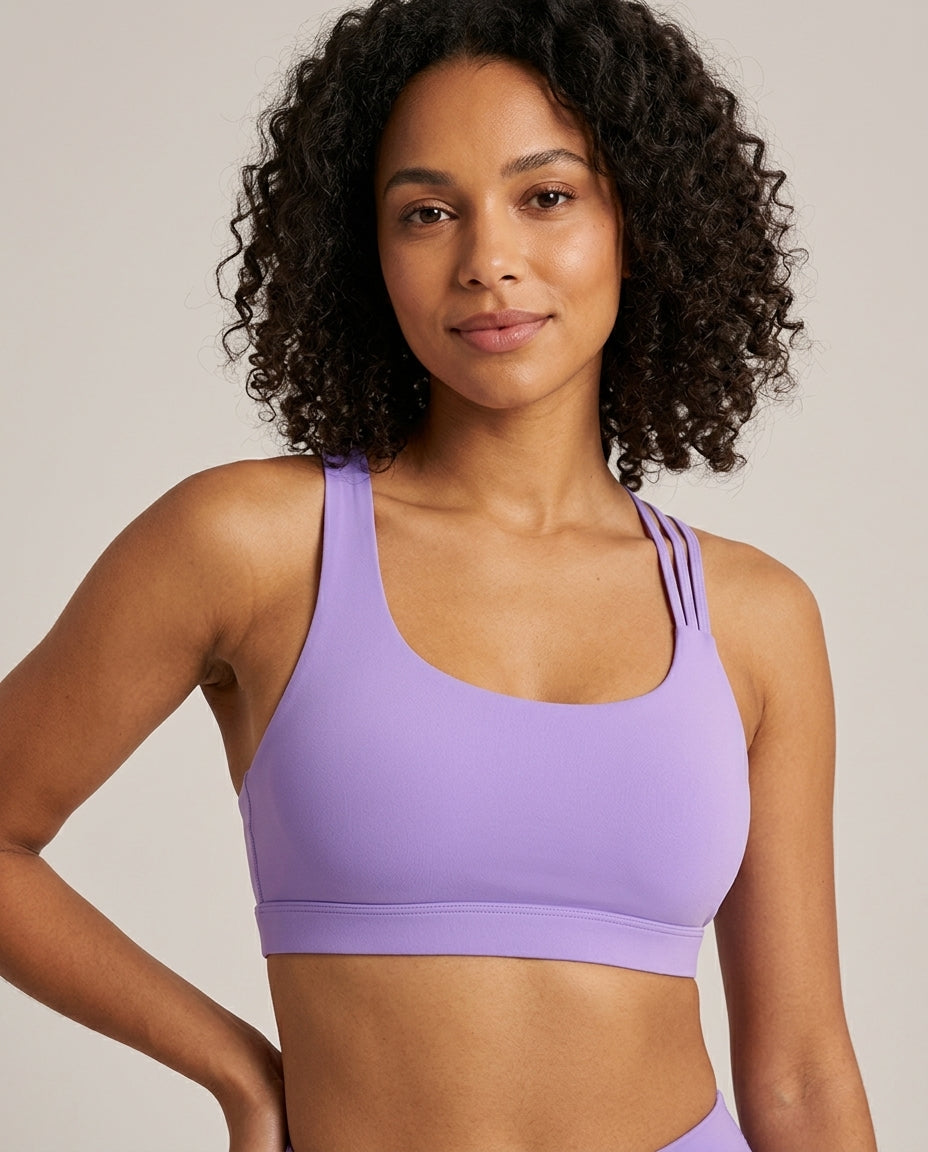 Kira Strappy Crossback Yoga Bra Lavender Model Front