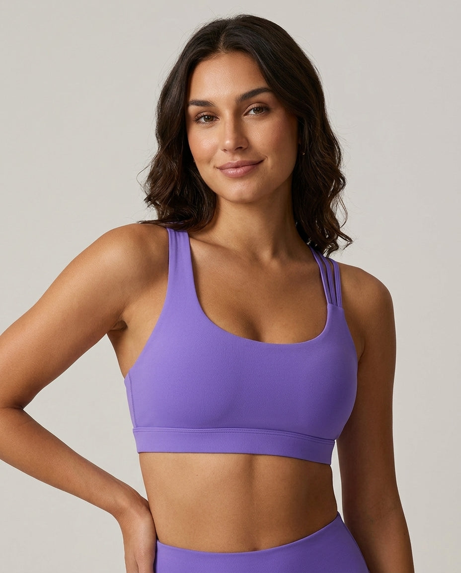 Kira Strappy Crossback Yoga Bra Purple Model Front