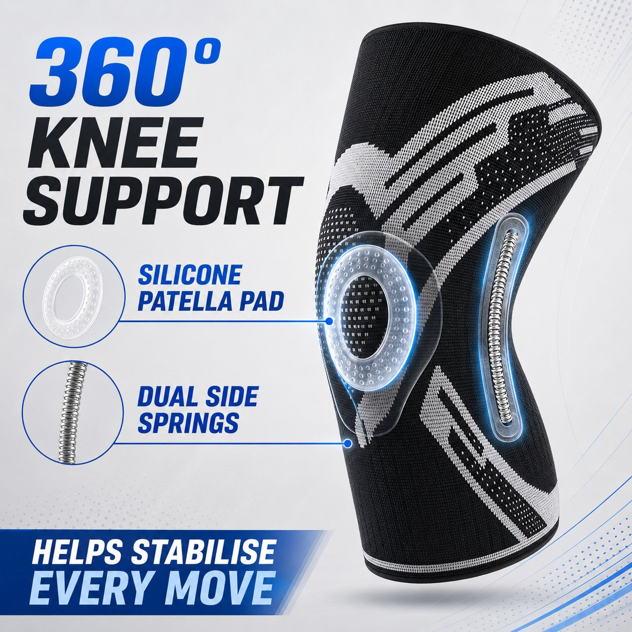 360 degree knee support with silicone patella pad and dual side springs