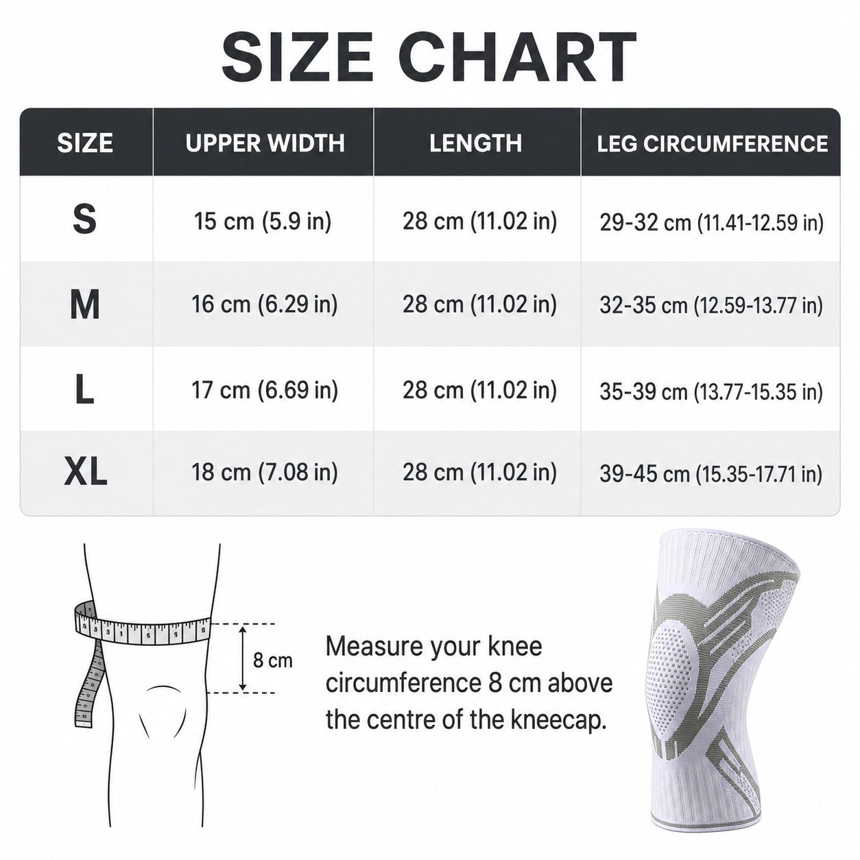 KneeGuard compression knee sleeve size chart