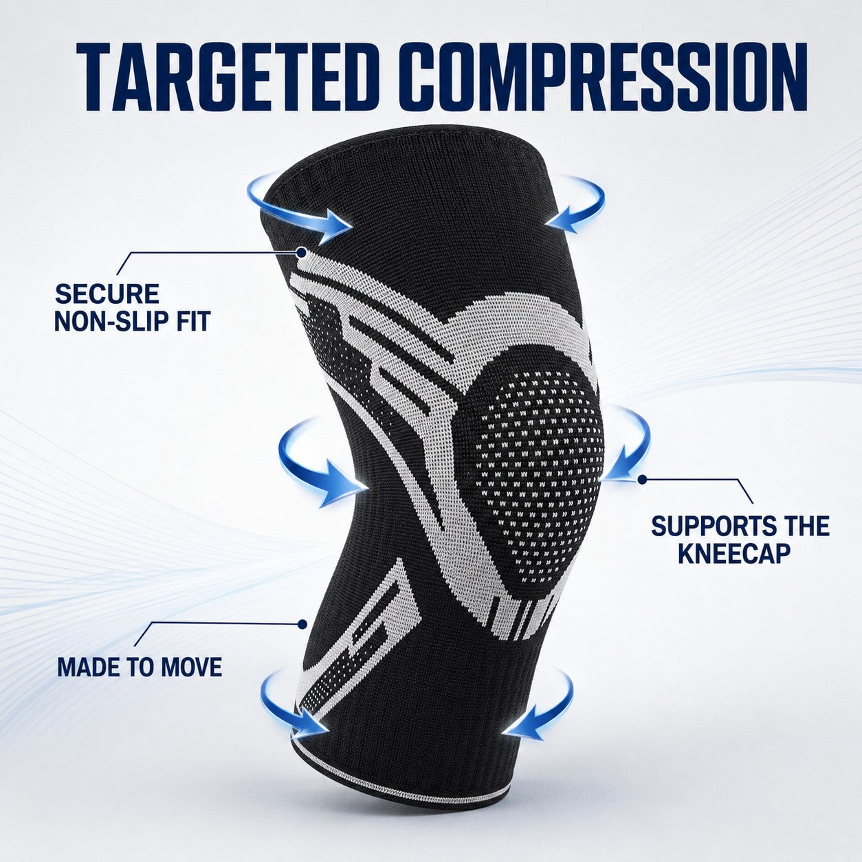 Targeted compression with secure non-slip fit that supports the kneecap