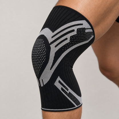 Close-up of the KneeGuard compression knee sleeve in white worn on the knee