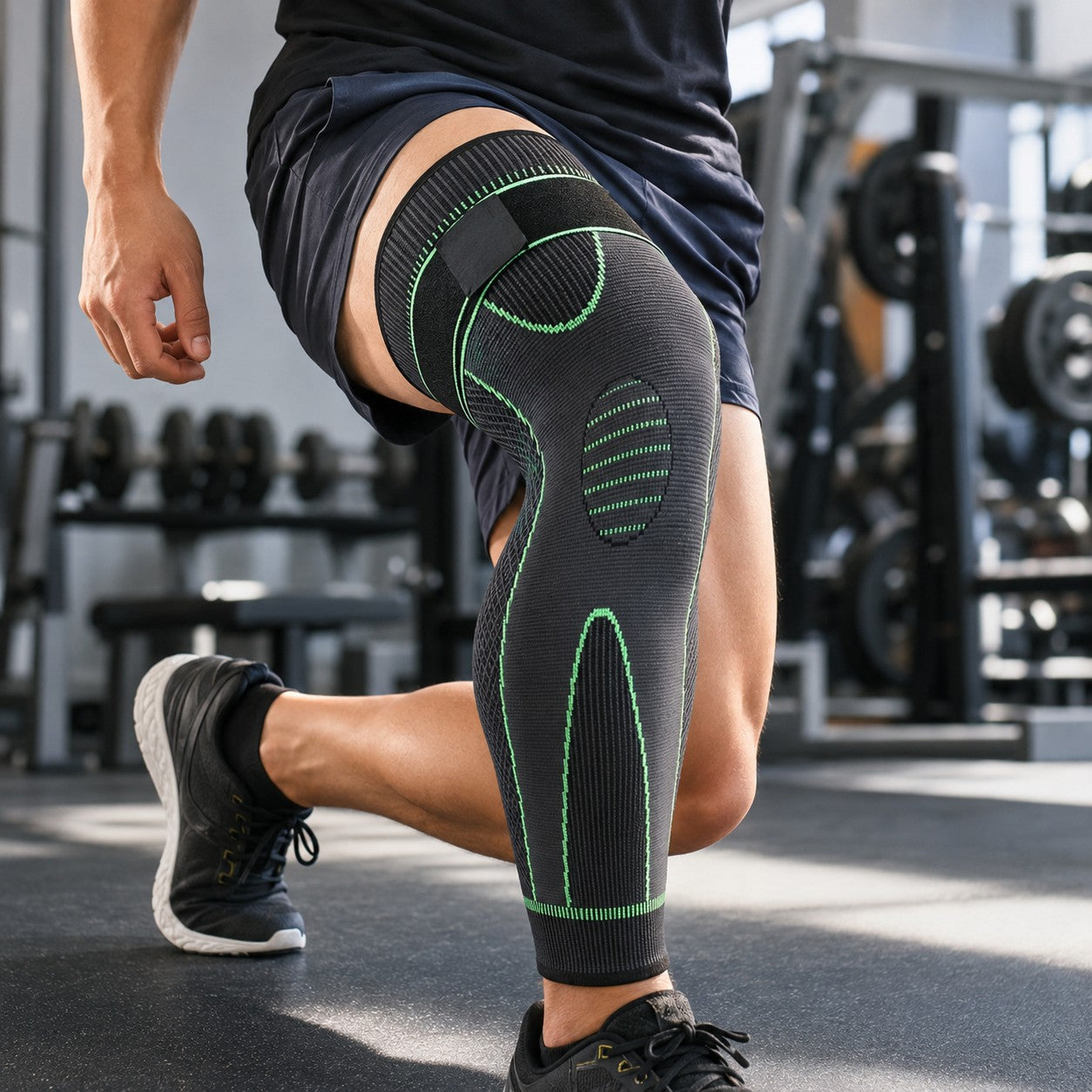 Lunging in the green LegGuard full-leg compression sleeve
