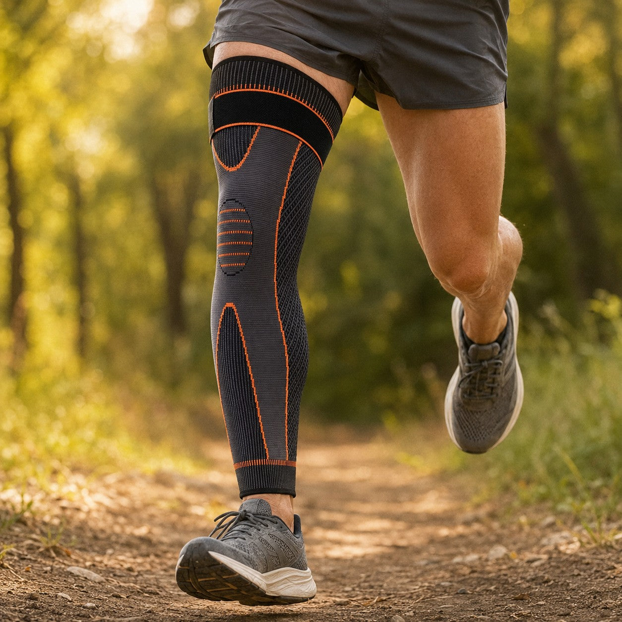 Running in the orange LegGuard full-leg compression sleeve