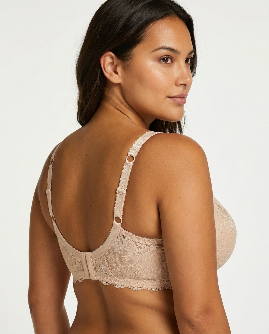 Lena Longline Lace Underwire Bra Beige Side Back Lace Detail