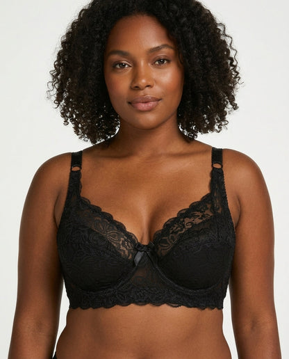 Lena Longline Lace Underwire Bra Black Front Close Detail