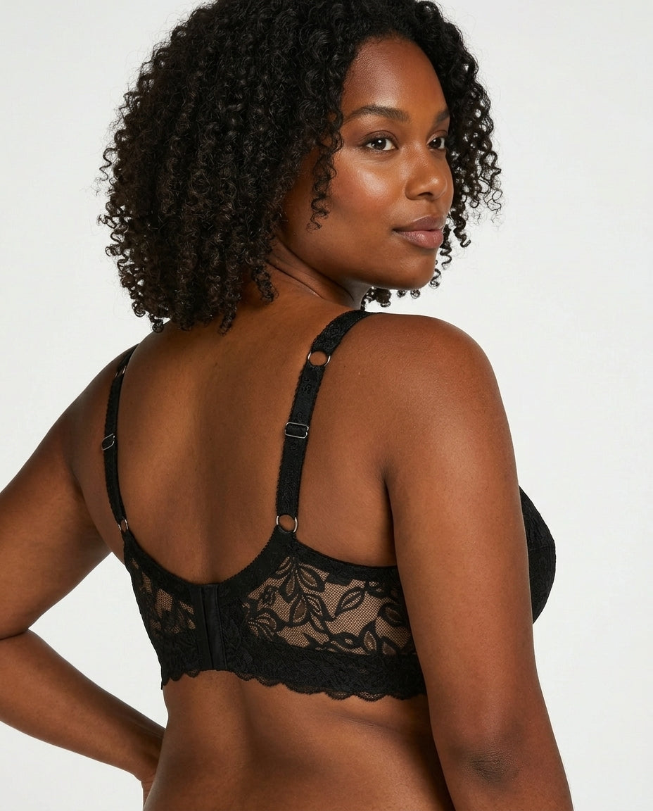 Lena Longline Lace Underwire Bra Black Side Back Lace Detail