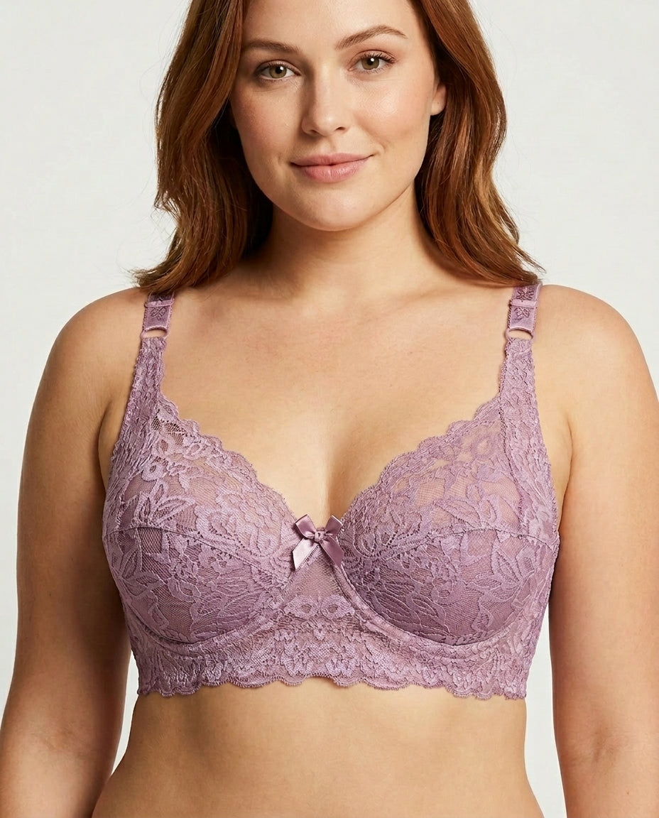 Lena Longline Lace Underwire Bra Mauve Front Close Detail