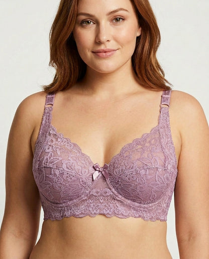 Lena Longline Lace Underwire Bra Mauve Front Close Detail