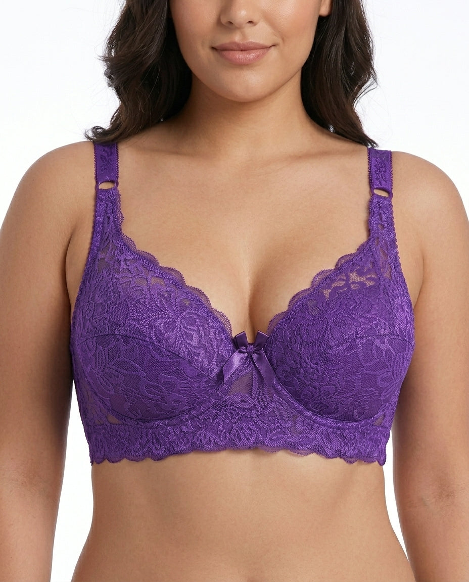 Lena Longline Lace Underwire Bra Purple Front Close Detail