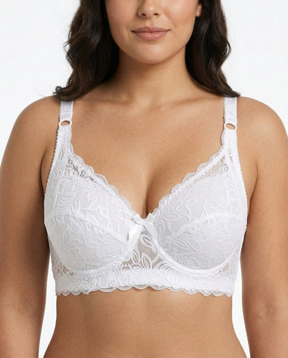Lena Longline Lace Underwire Bra White Front Close Detail